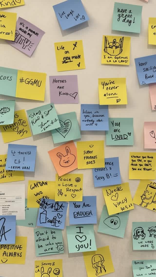 colourful sticky notes with affirmations written on them posted on a wall