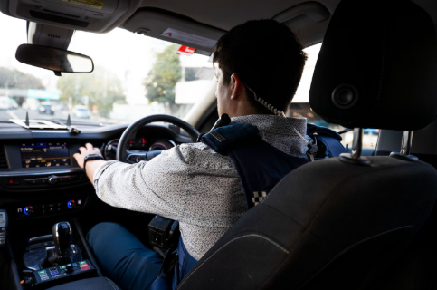 image shows a police officer behind the wheel of a car, photo is taken from the backseat